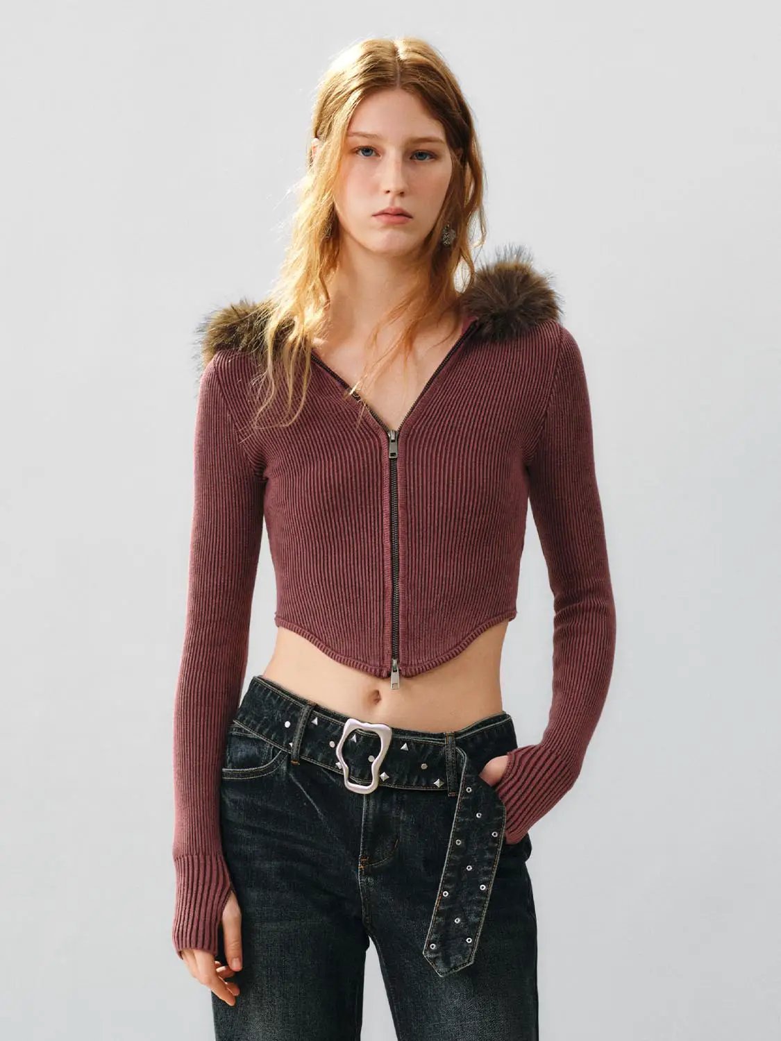 Knit Jacket, burgundy cropped cardigan with front zipper and fur-trim collar.