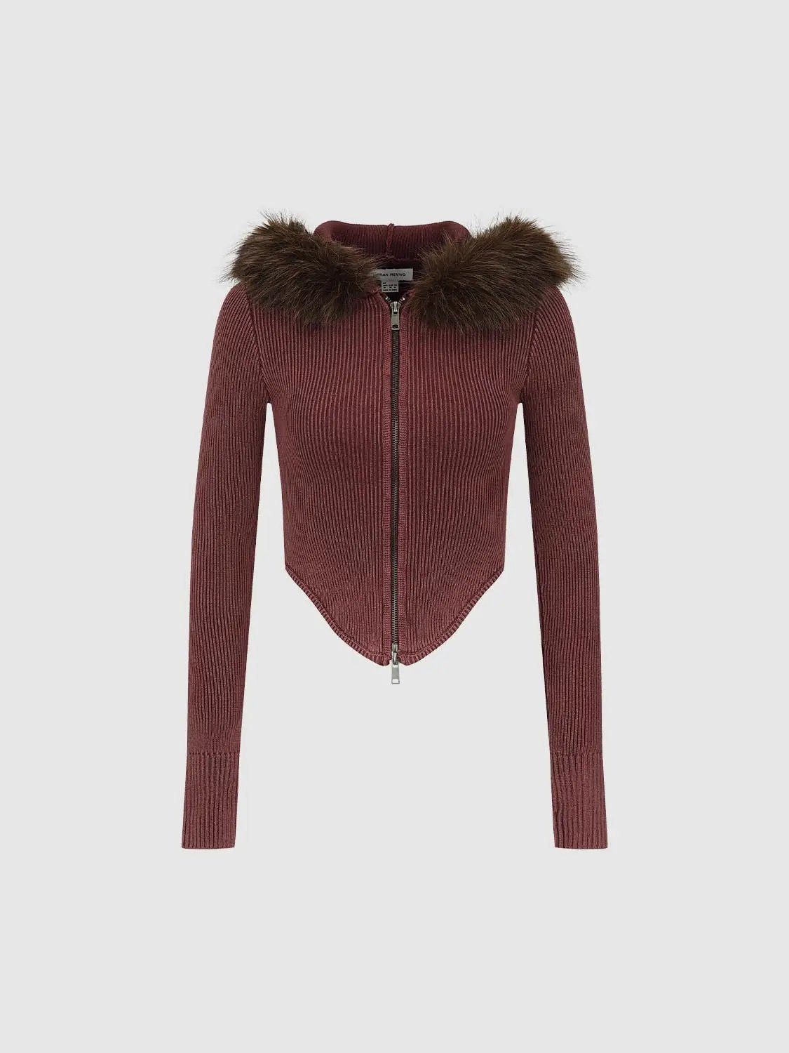 Knit jacket in burgundy rib knit with fur-trimmed collar and front zip, Urban Revivo Fashion.