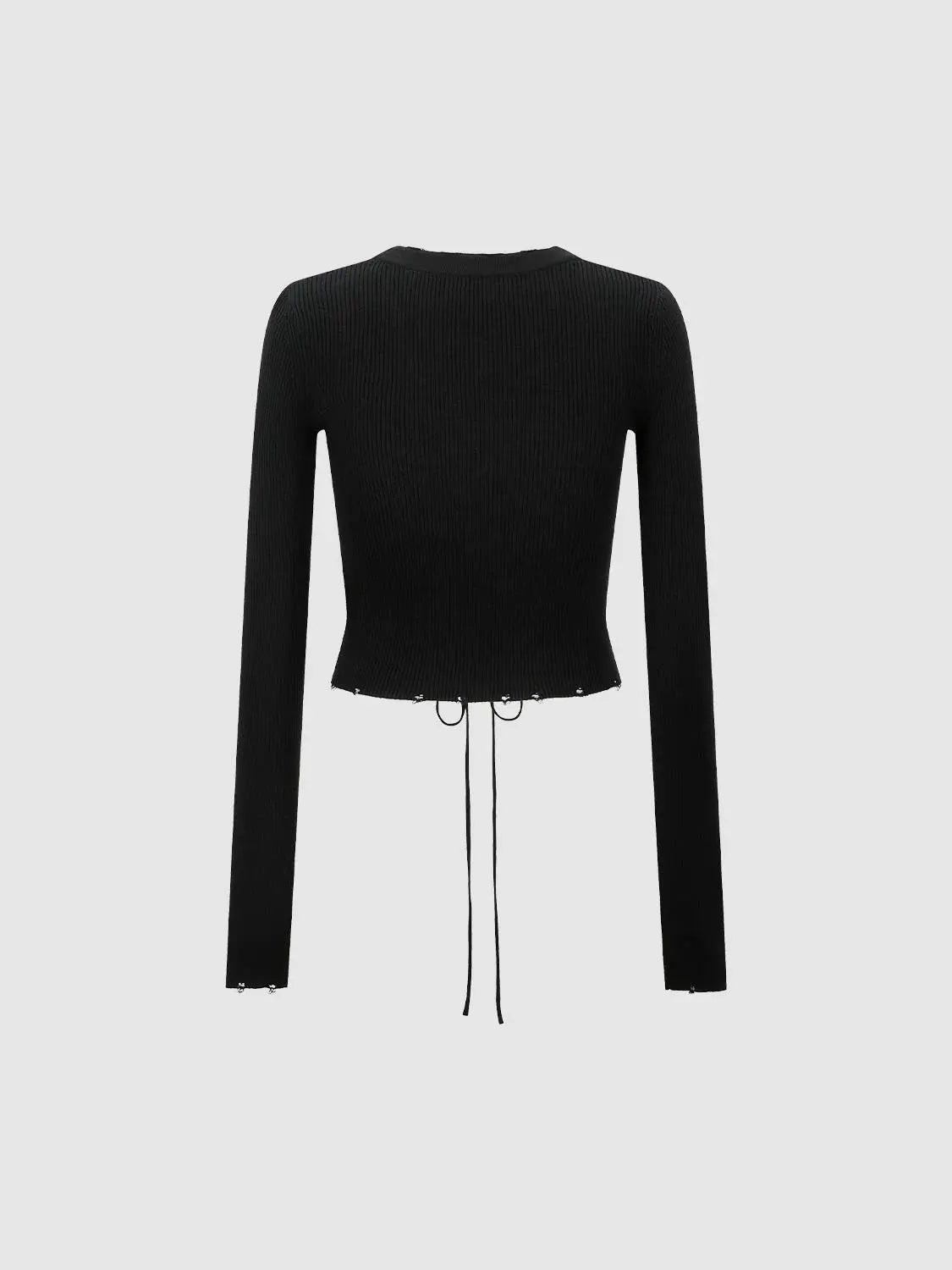 Knit T-Shirt black ribbed knit long-sleeve cropped top with drawstring hem