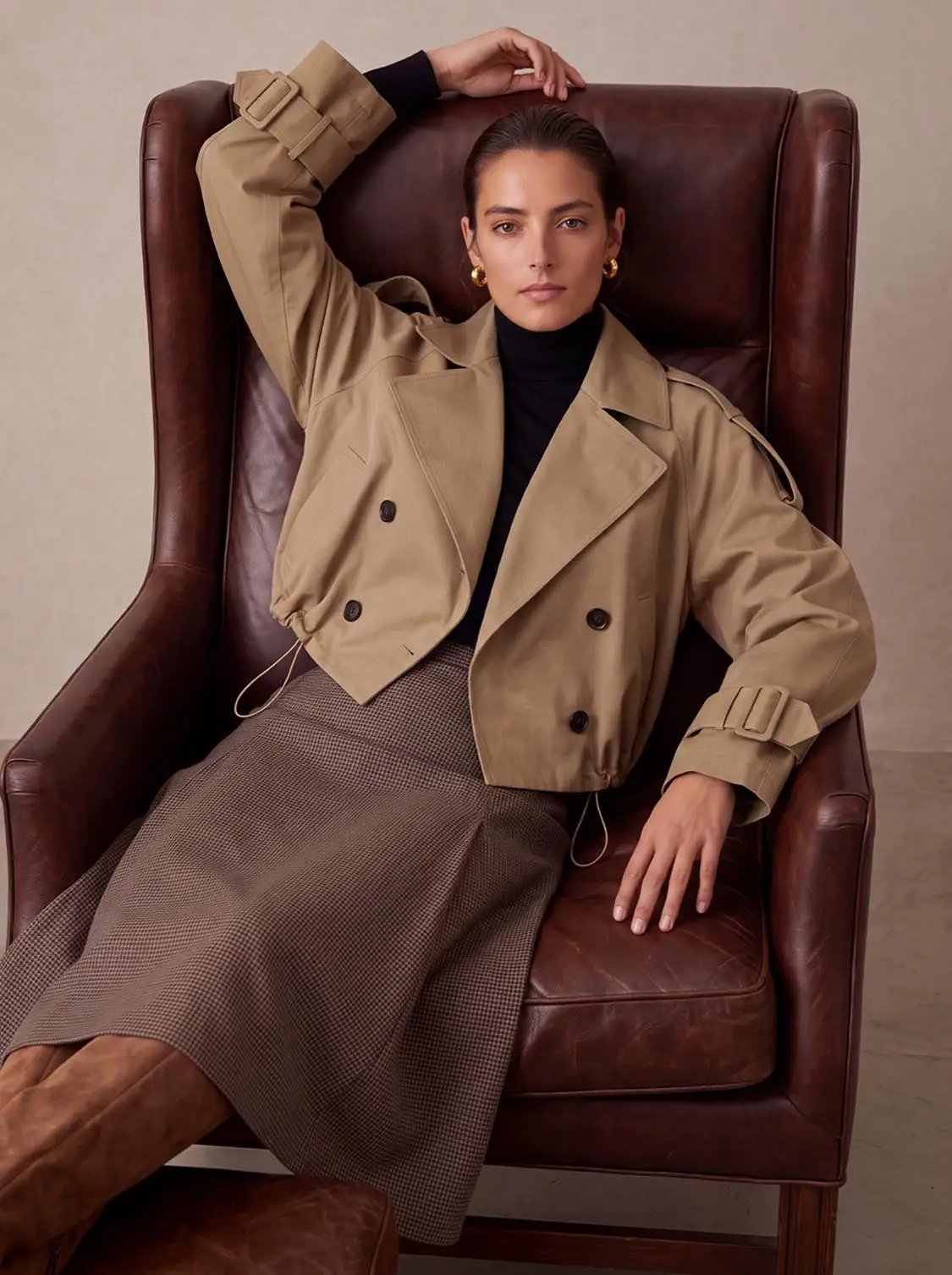 Lapel double-breasted cropped cotton trench jacket in tan worn by model with black turtleneck.