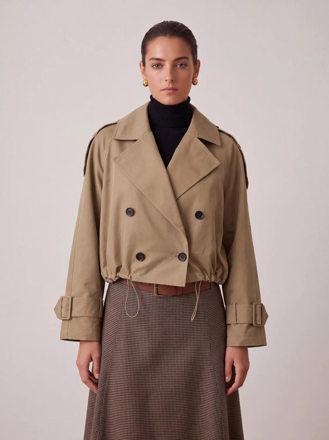 Lapel double-breasted cropped cotton trench jacket by Urban Revivo Fashion in beige.