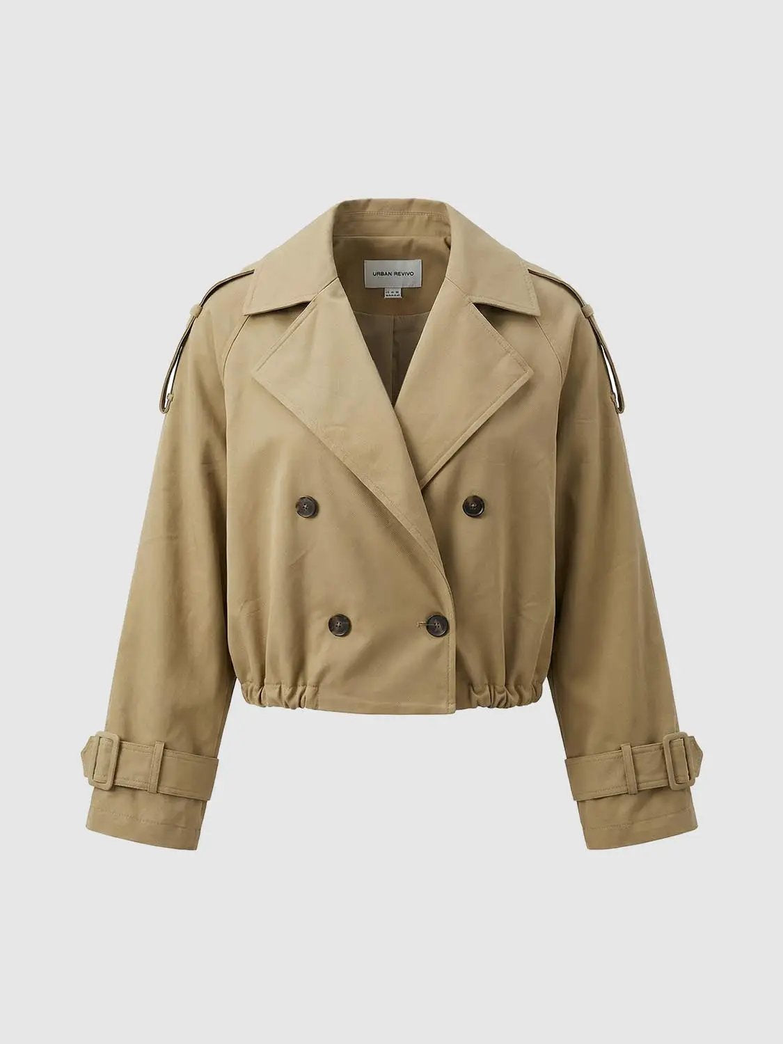 Lapel double-breasted cropped cotton trench jacket in tan with cuff belts by Urban Revivo Fashion