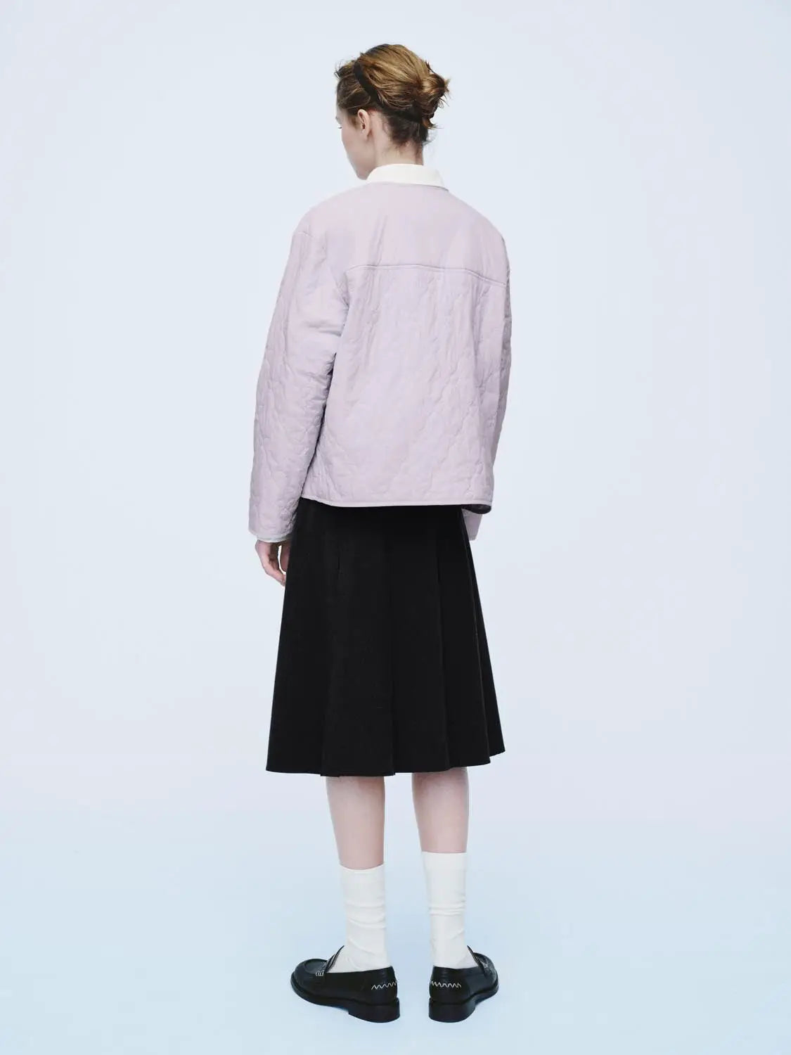 Padded Jacket Urban Revivo Fashion; pale pink quilted jacket with white collar, back view.