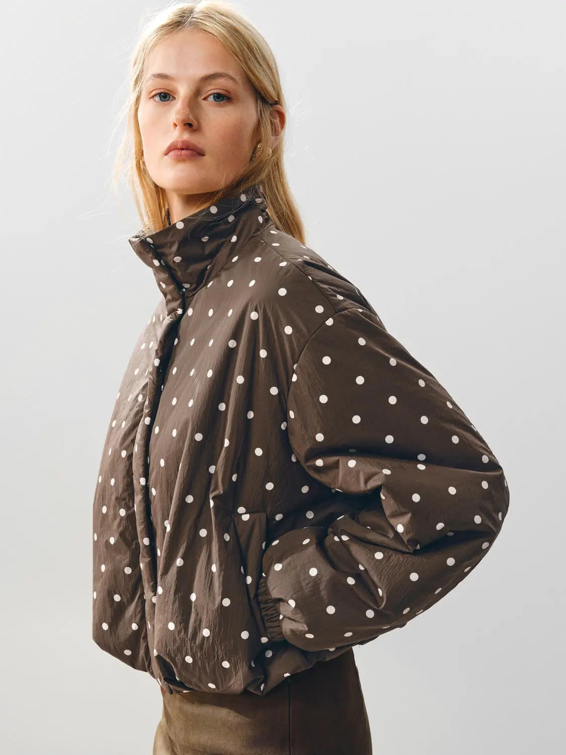 Padded jacket in brown with white polka dots by Urban Revivo Fashion, high collar