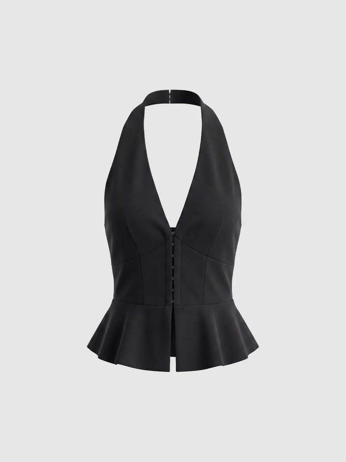 Black halter-neck peplum shirt with front zip and panel seams.