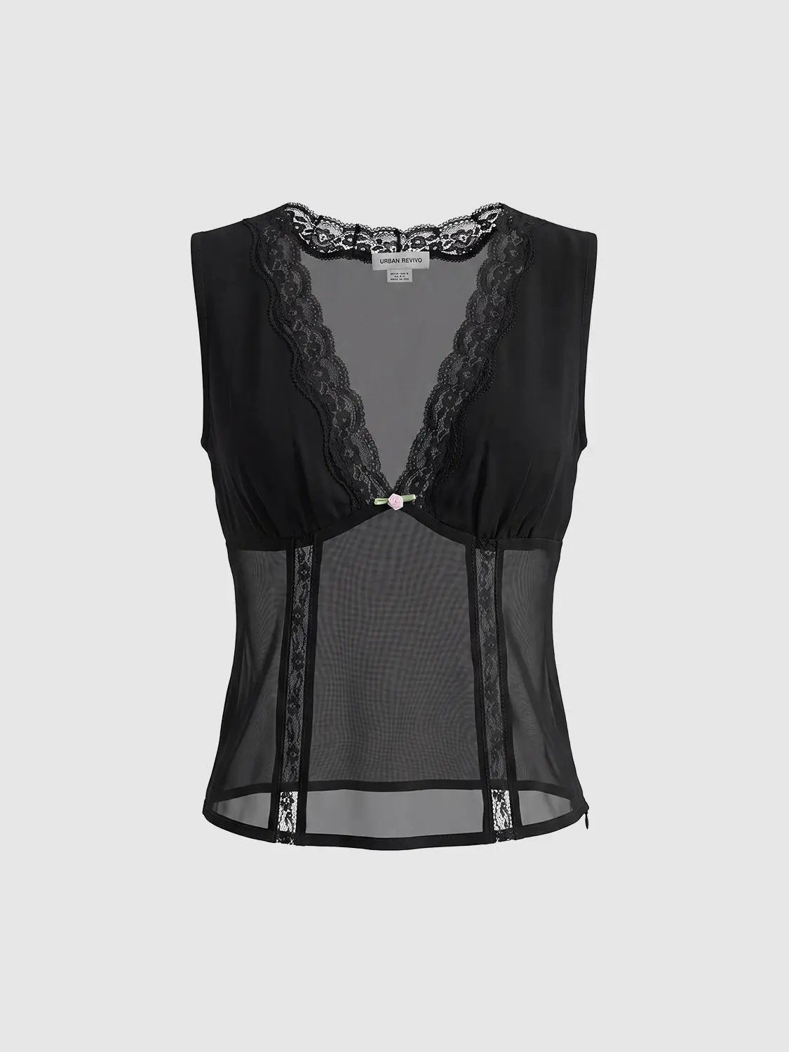 Delicate black lace-trimmed sheer V-neck blouse with mesh panels and pink flower accent by Urban Revivo.