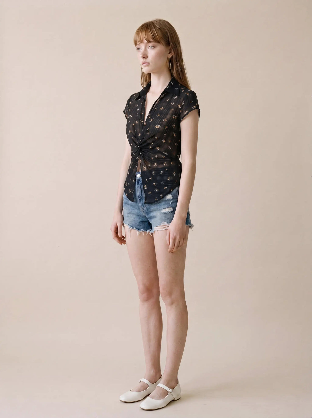 Black twist-knot floral sheer lightweight blouse by Urban Revivo Fashion