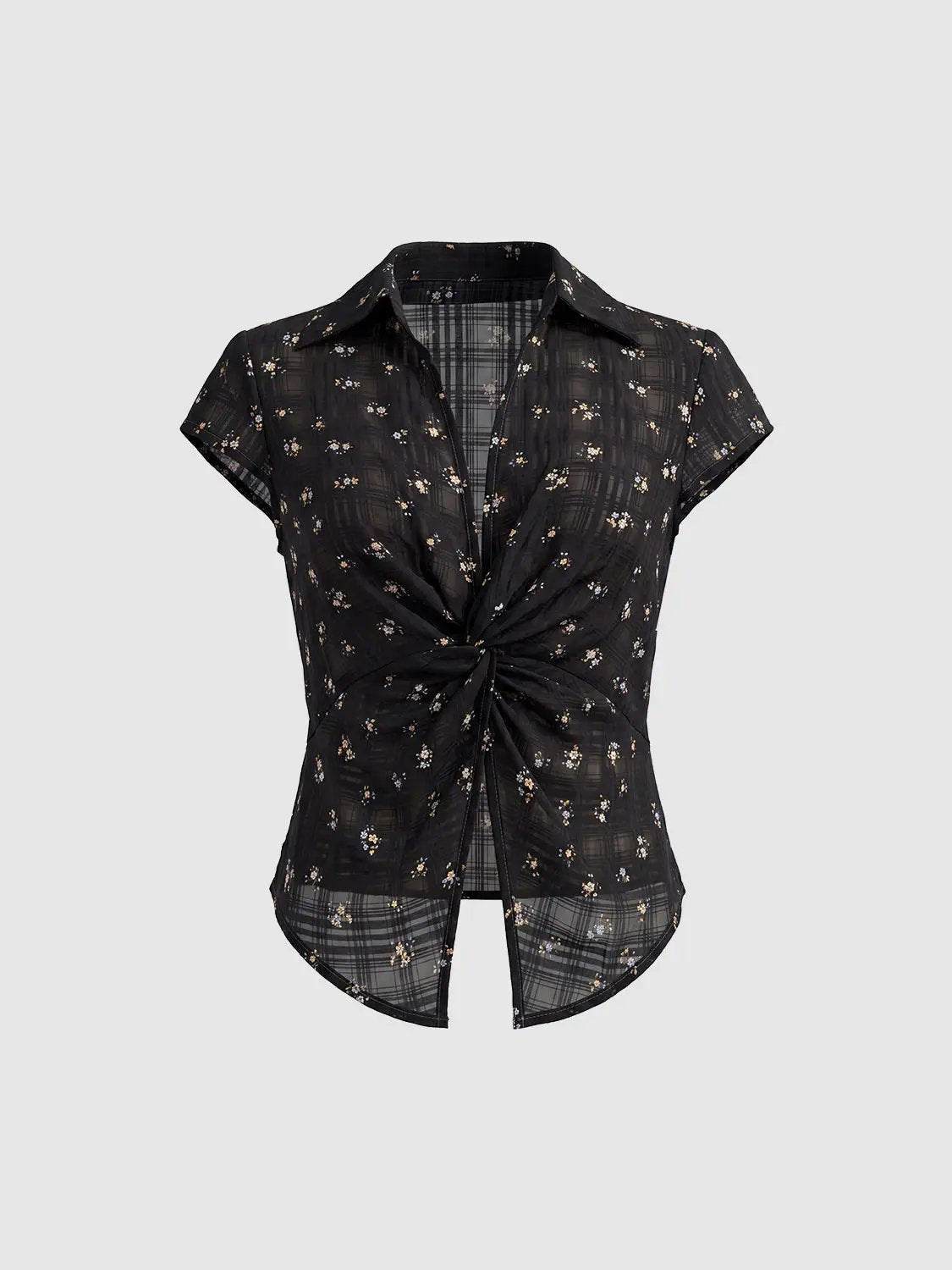 Blouse, black twist-knot floral sheer with plaid lining and short sleeves.