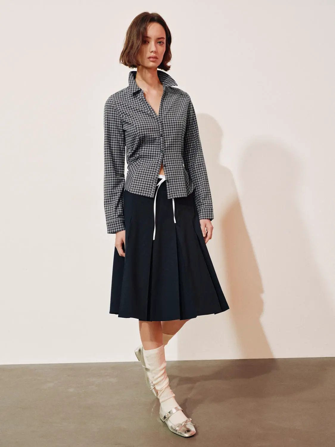 Button-front Shirt by Urban Revivo Fashion, grey and black checkered cropped long-sleeve top.