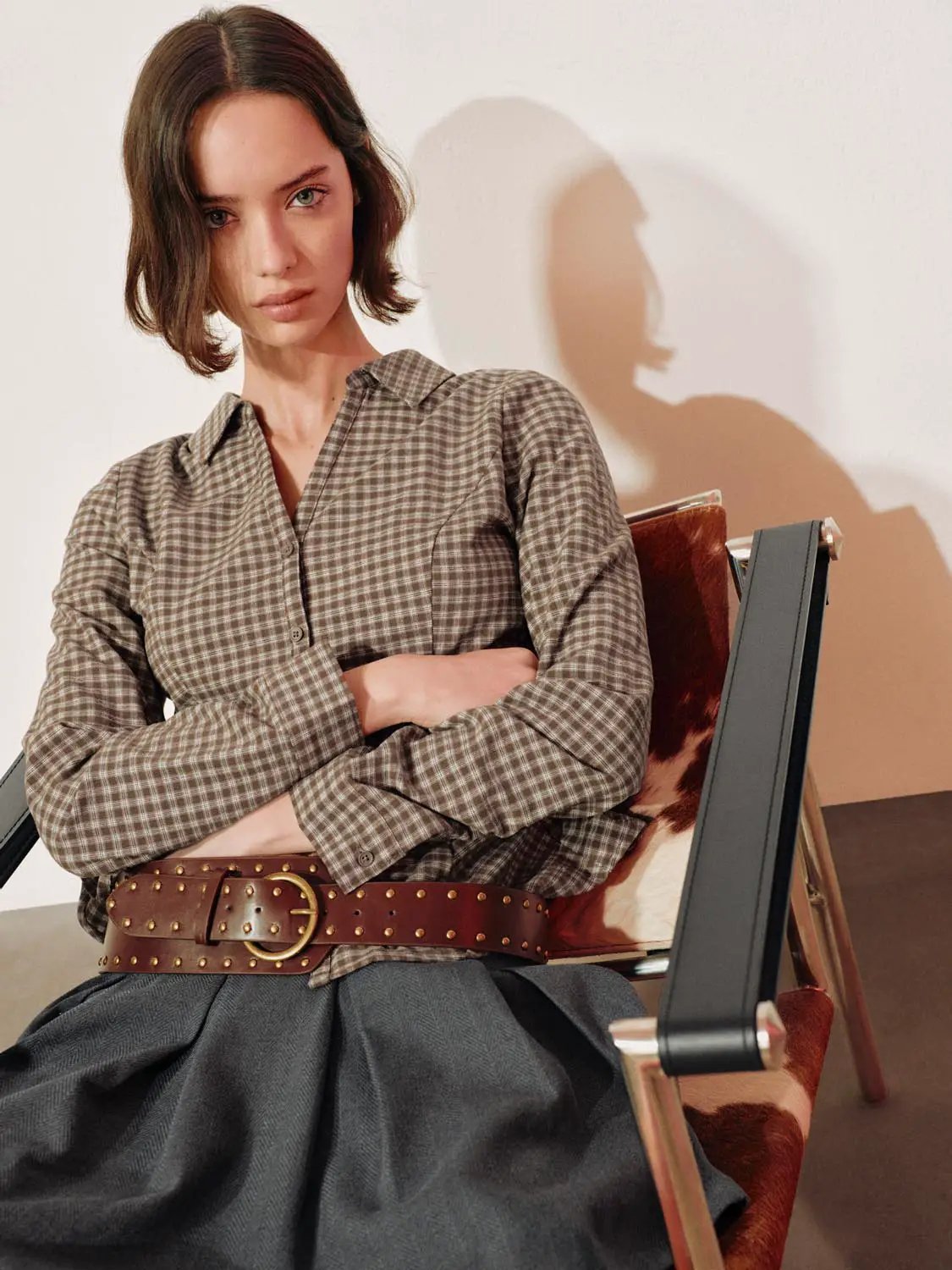 Button-front shirt in beige check pattern by Urban Revivo Fashion.