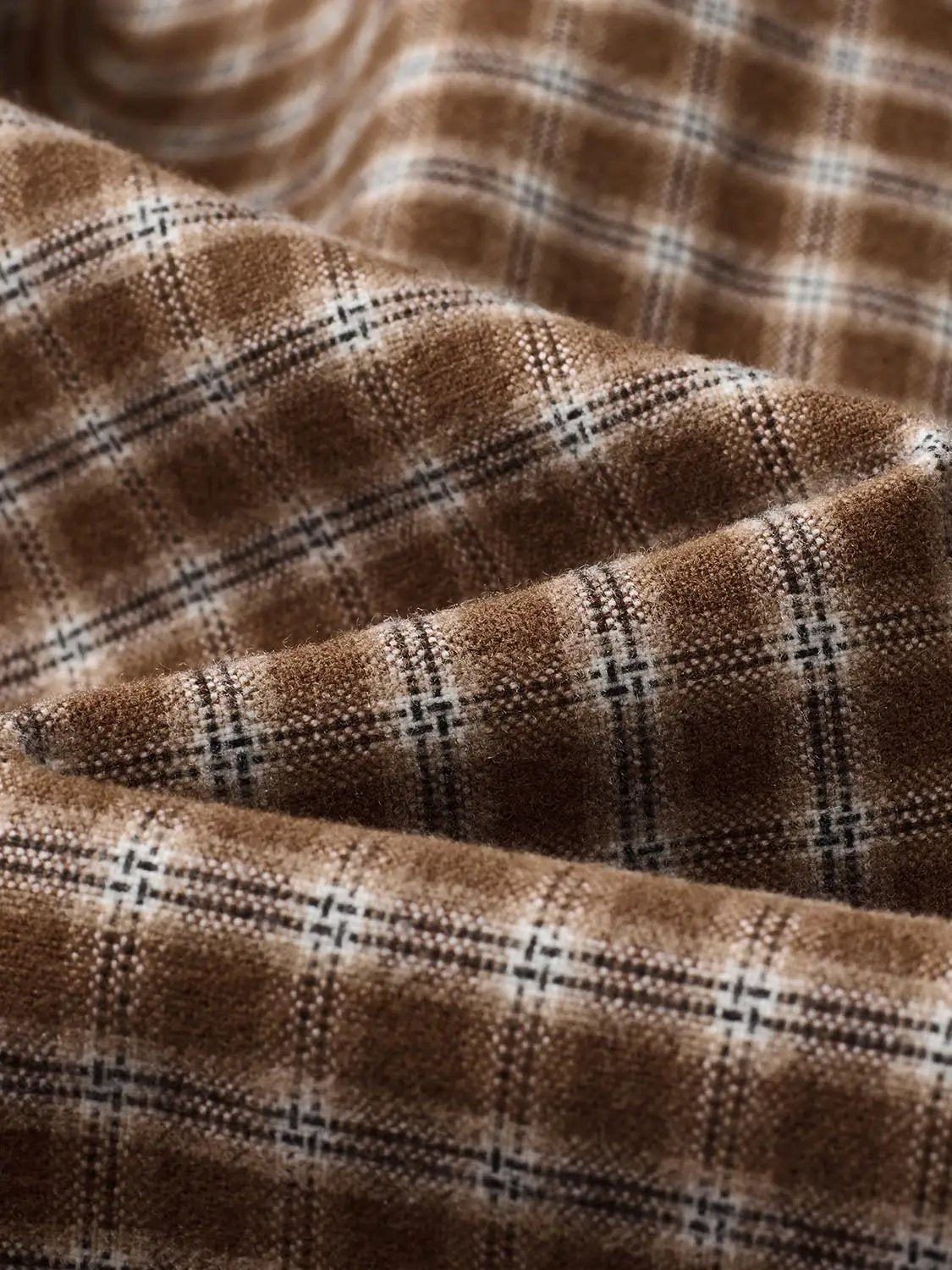 Button-front shirt fabric in brown plaid with white checks; soft textured weave