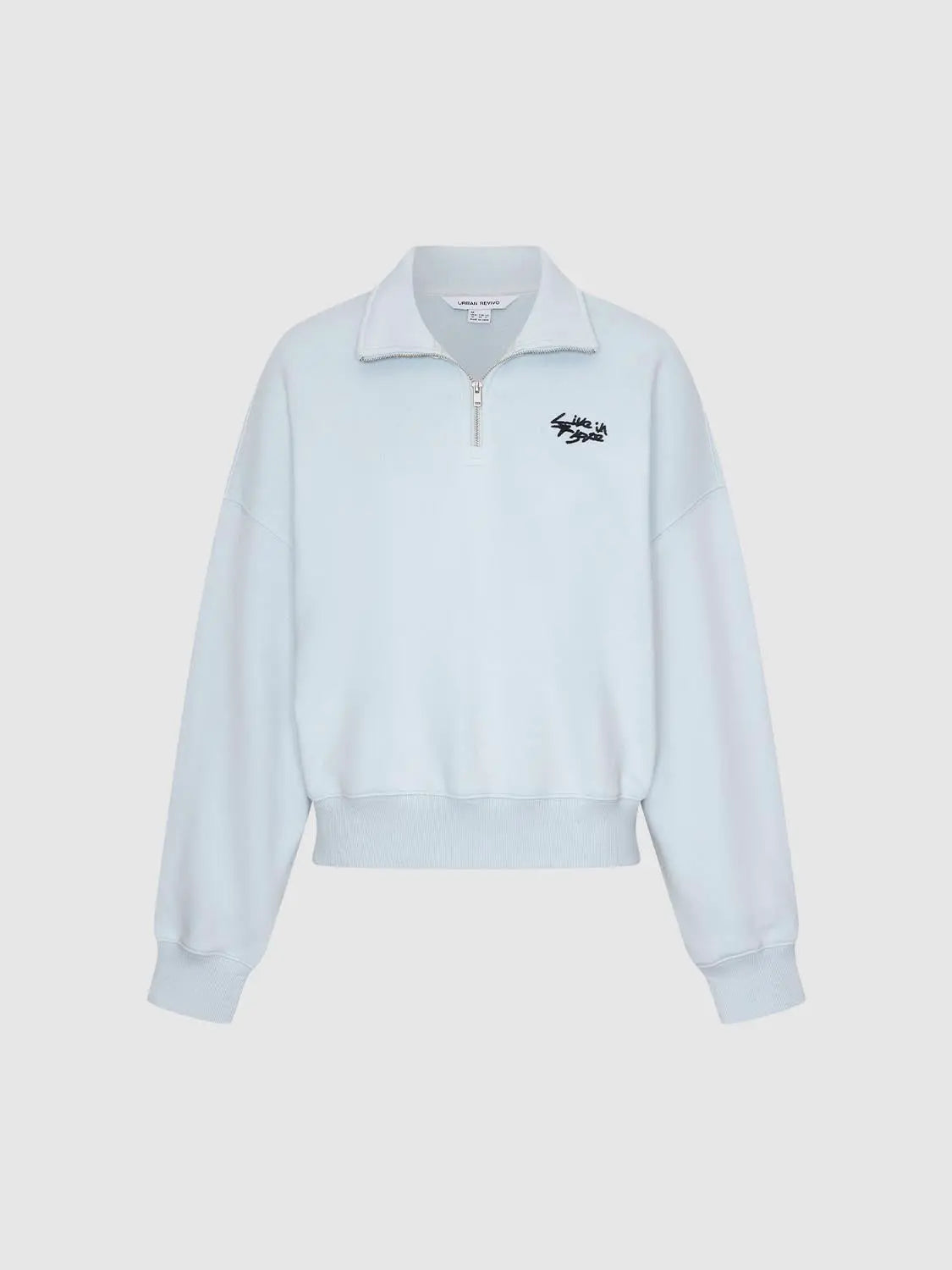 Sweatshirt in light blue by Urban Revivo Fashion with zip-neck and chest logo.