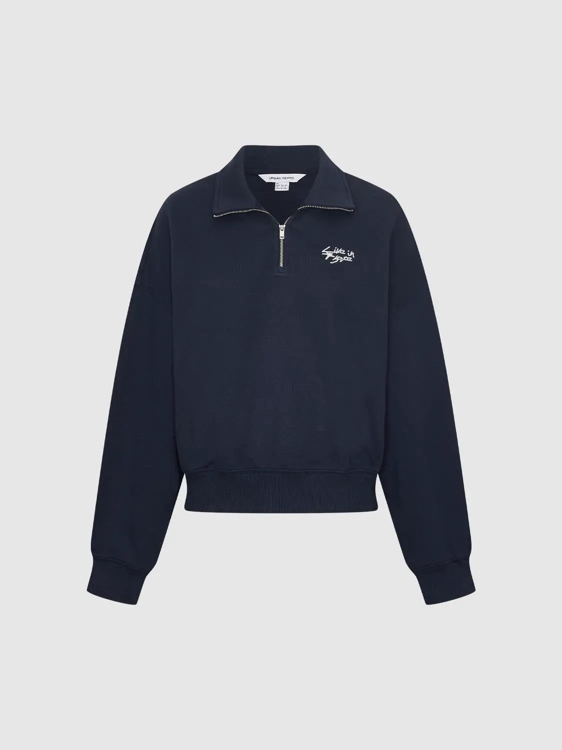 Sweatshirt navy pullover with zip collar and small white chest logo by Urban Revivo Fashion