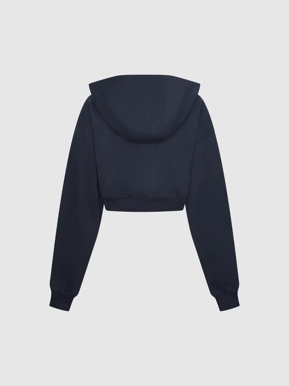 Sweatshirt navy cropped hoodie, back view with long sleeves and ribbed cuffs.
