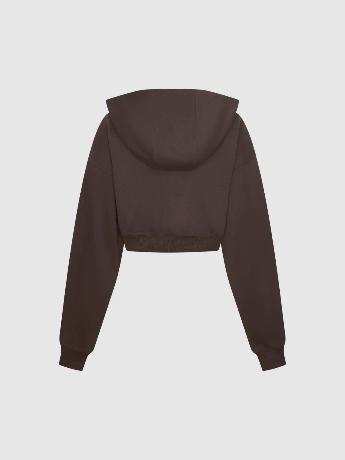 Sweatshirt in brown, cropped hoodie with hood, back view.