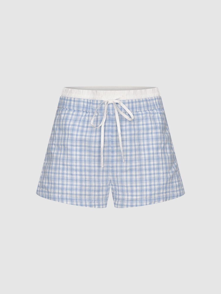 【OJOS】 Reversible Plaid Track Shorts / Blue Grey Men's Plaid Checkered Multi Pocket Elastic Waist Lightweight
