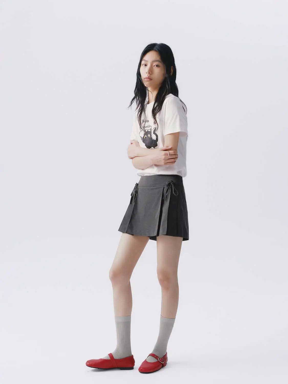 Stretch Skort in charcoal gray with side tie details, Urban Revivo Fashion W_Skort