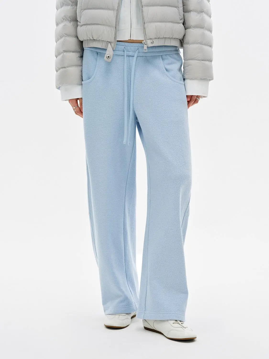 Barrel-leg pants in light blue fleece with drawstring waist