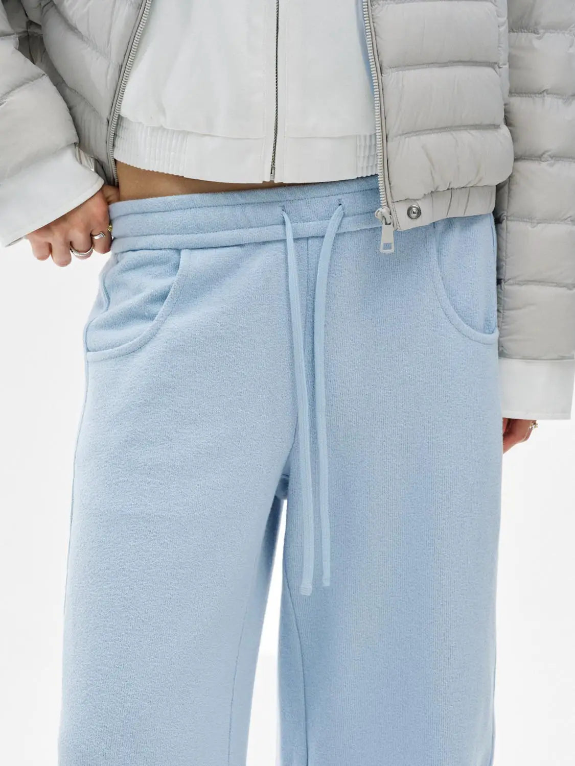 Urban Revivo Fashion Barrel-Leg Pants, light blue fleece with drawstring waist and pockets