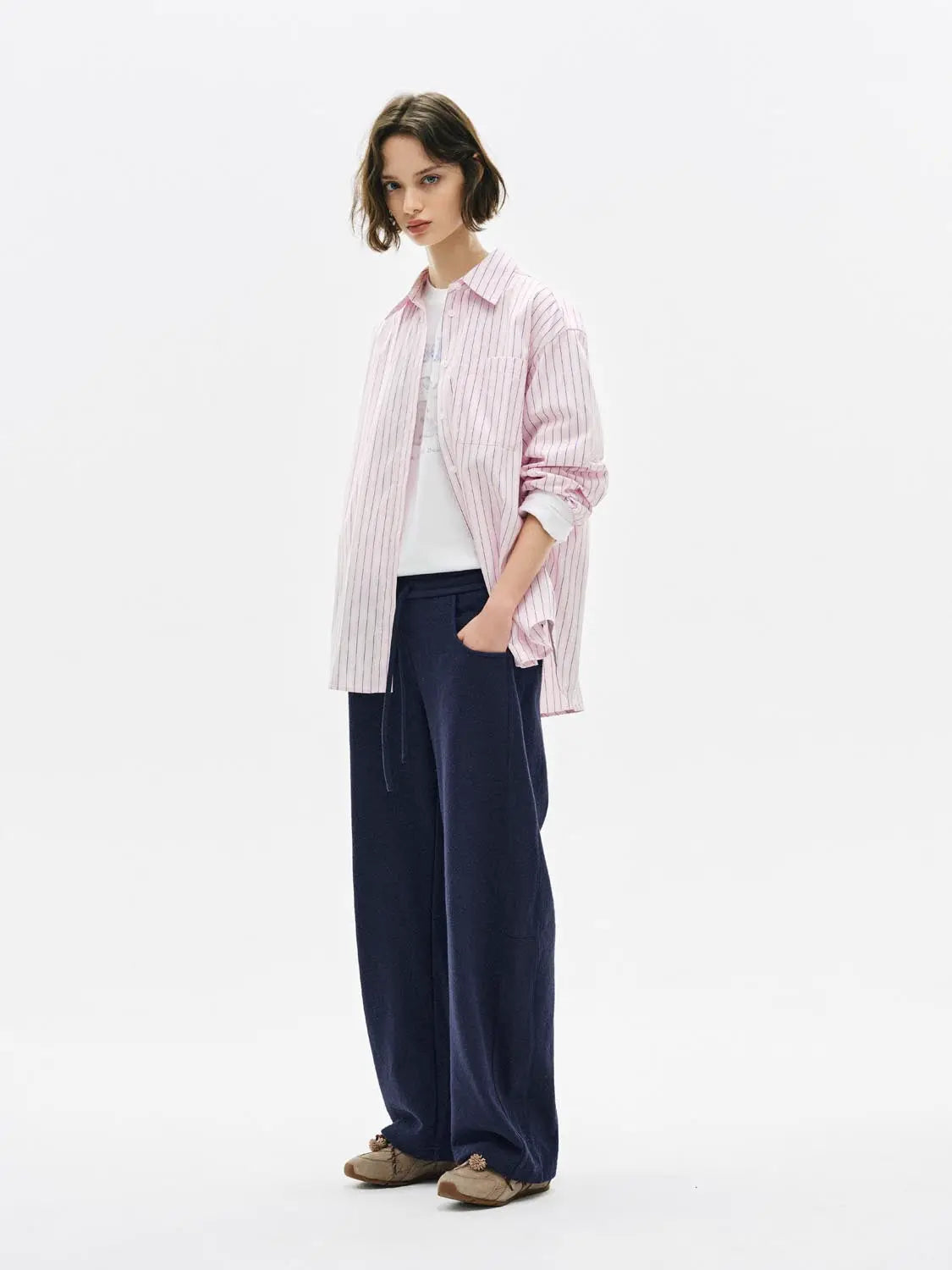 Barrel-leg pants, navy wide-leg with drawstring waist, Urban Revivo Fashion