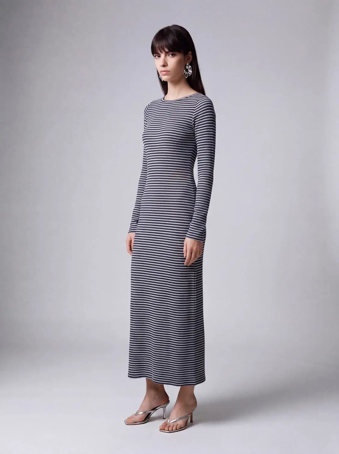 Back Cut-Out Striped Maxi Dress, long-sleeve with navy and white horizontal stripes