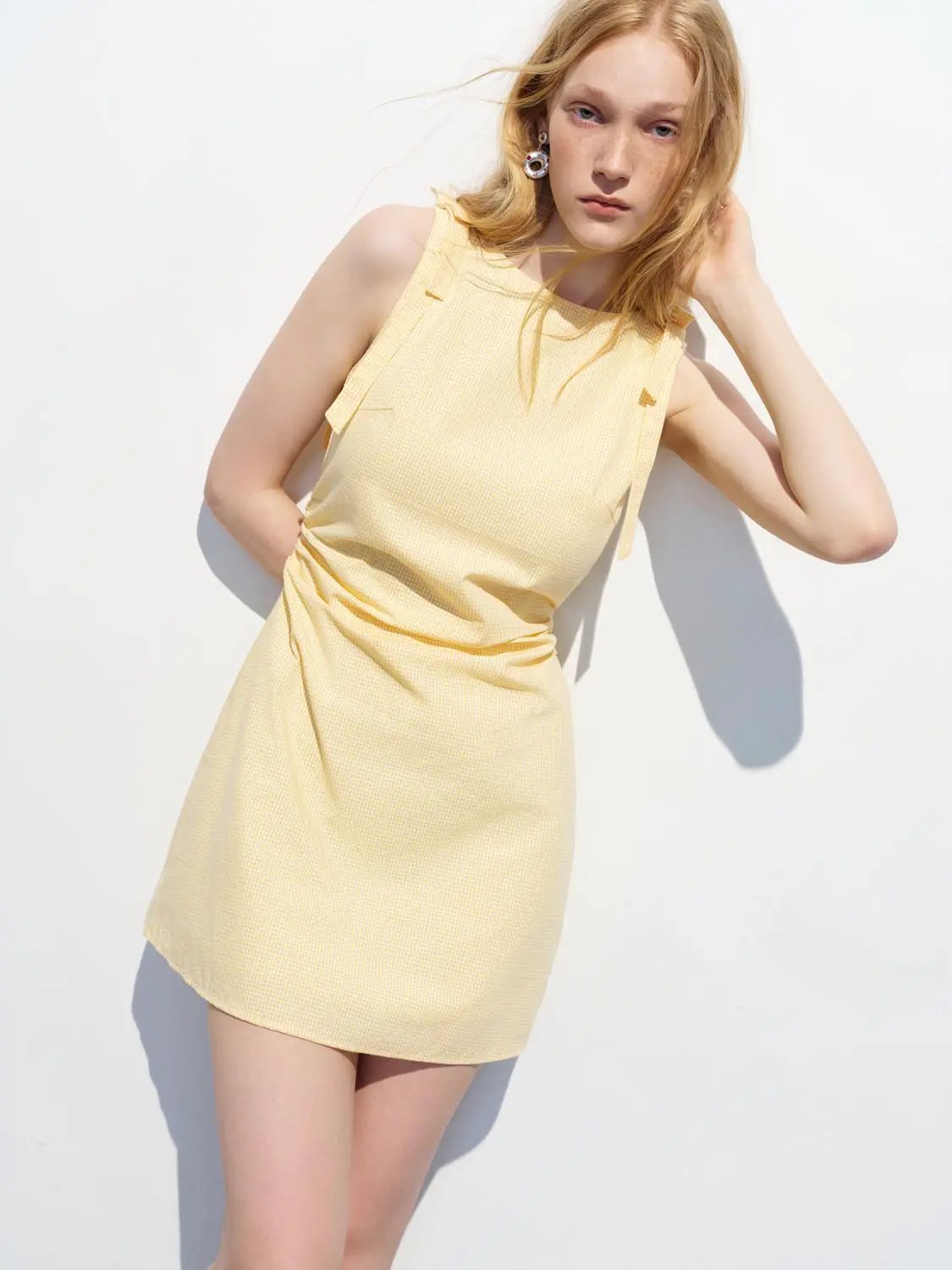 Minimal Subtle Stretch Thin Fabric Dress in pale yellow, sleeveless A-line