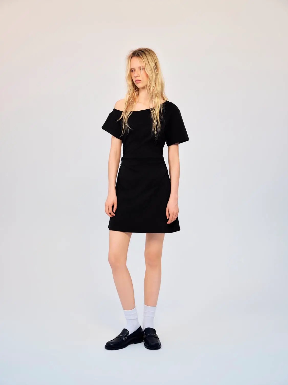 Cotton A-Line Dress in black with off-shoulder neckline by Urban Revivo Fashion.