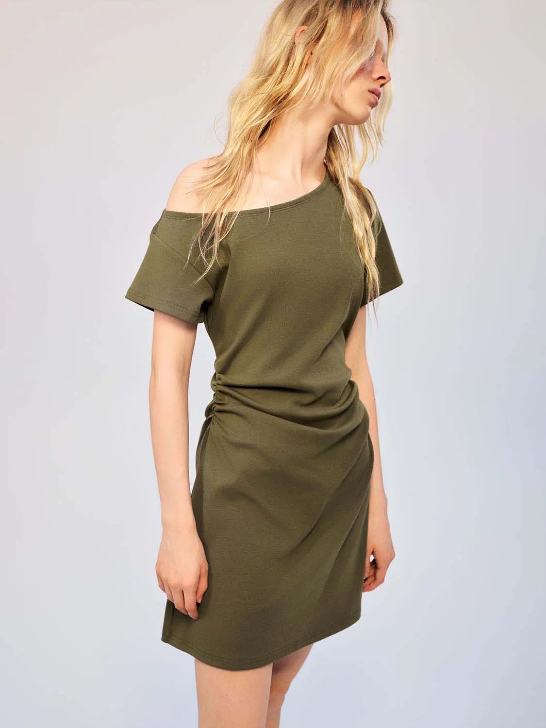 Cotton A-Line Dress, olive green, off-shoulder short sleeves, Urban Revivo Fashion