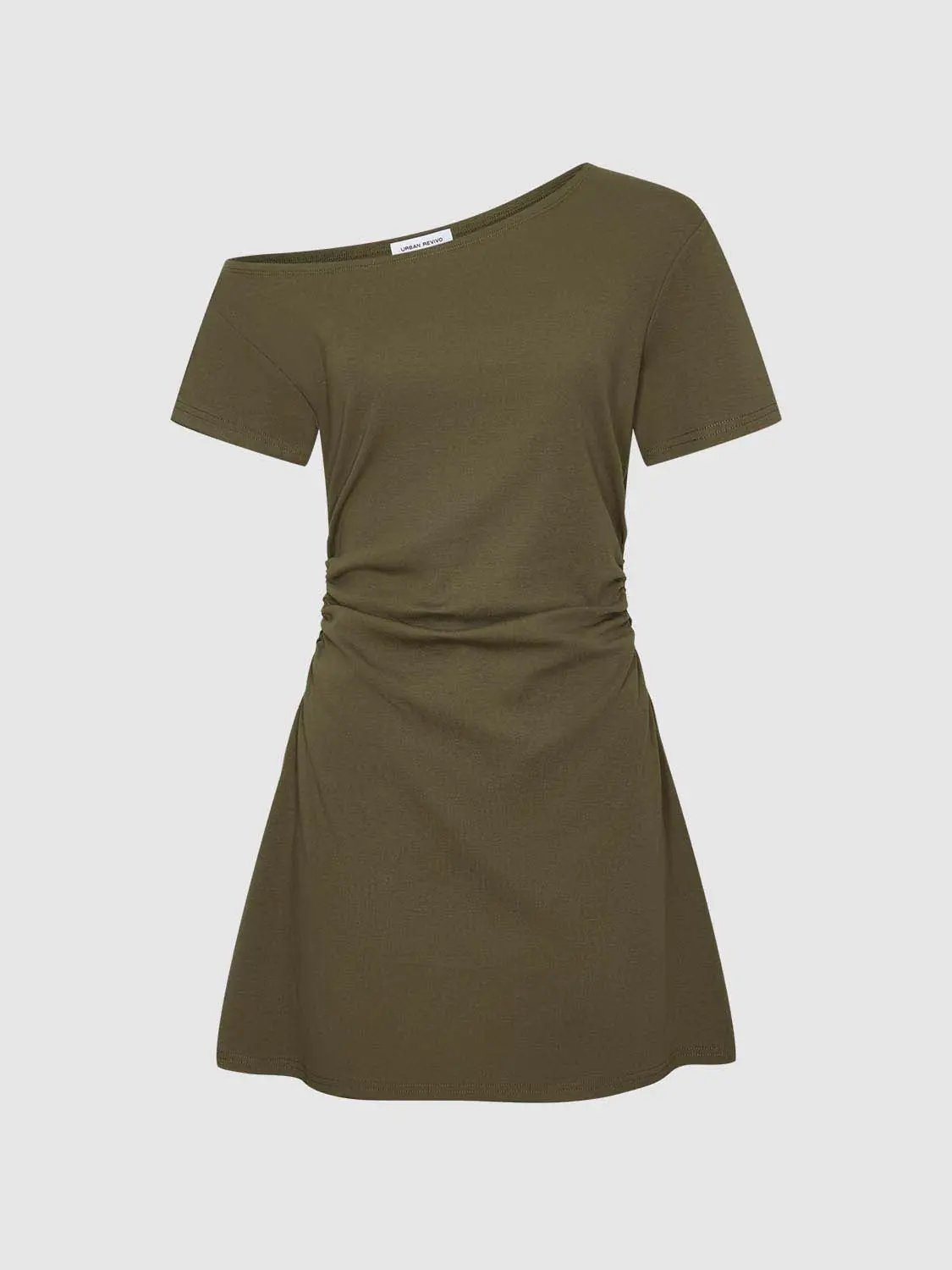 Cotton A-Line Dress in olive green with side ruching and short sleeves; Urban Revivo Fashion label tag