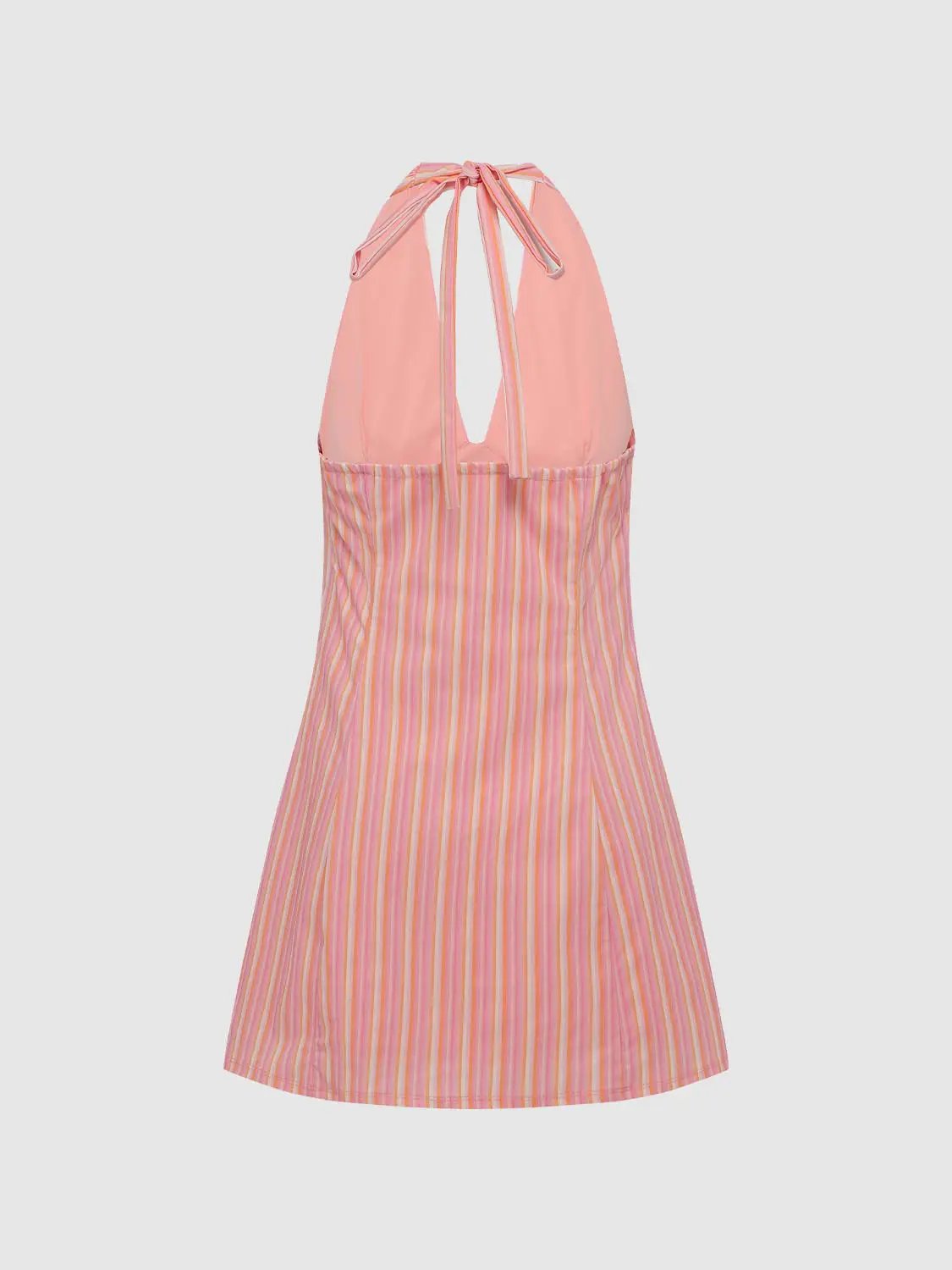A-line dress with pink halter top and vertical pink striped skirt, back ties at neck.
