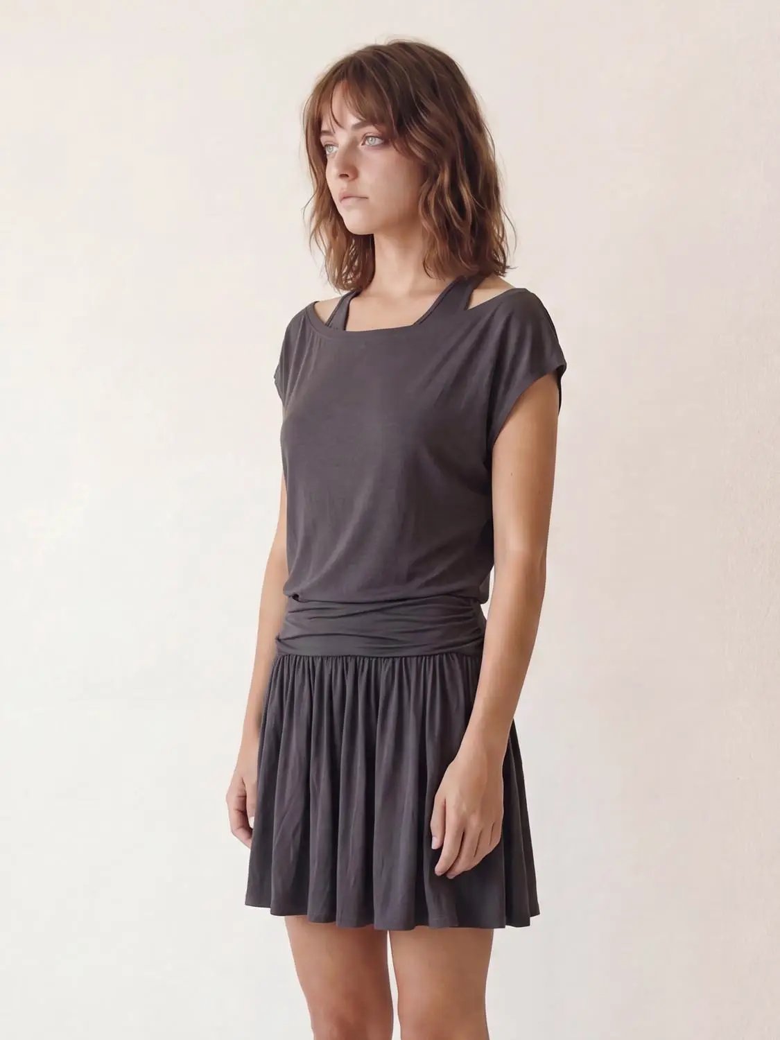 A-line dress by Urban Revivo Fashion in charcoal gray with a ruched waistband and pleated skirt