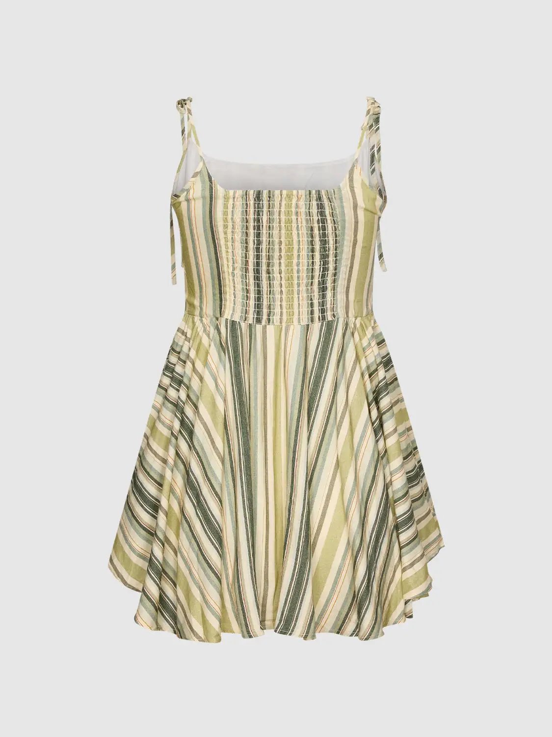 A-Line striped dress with tie straps in green, beige and cream tones