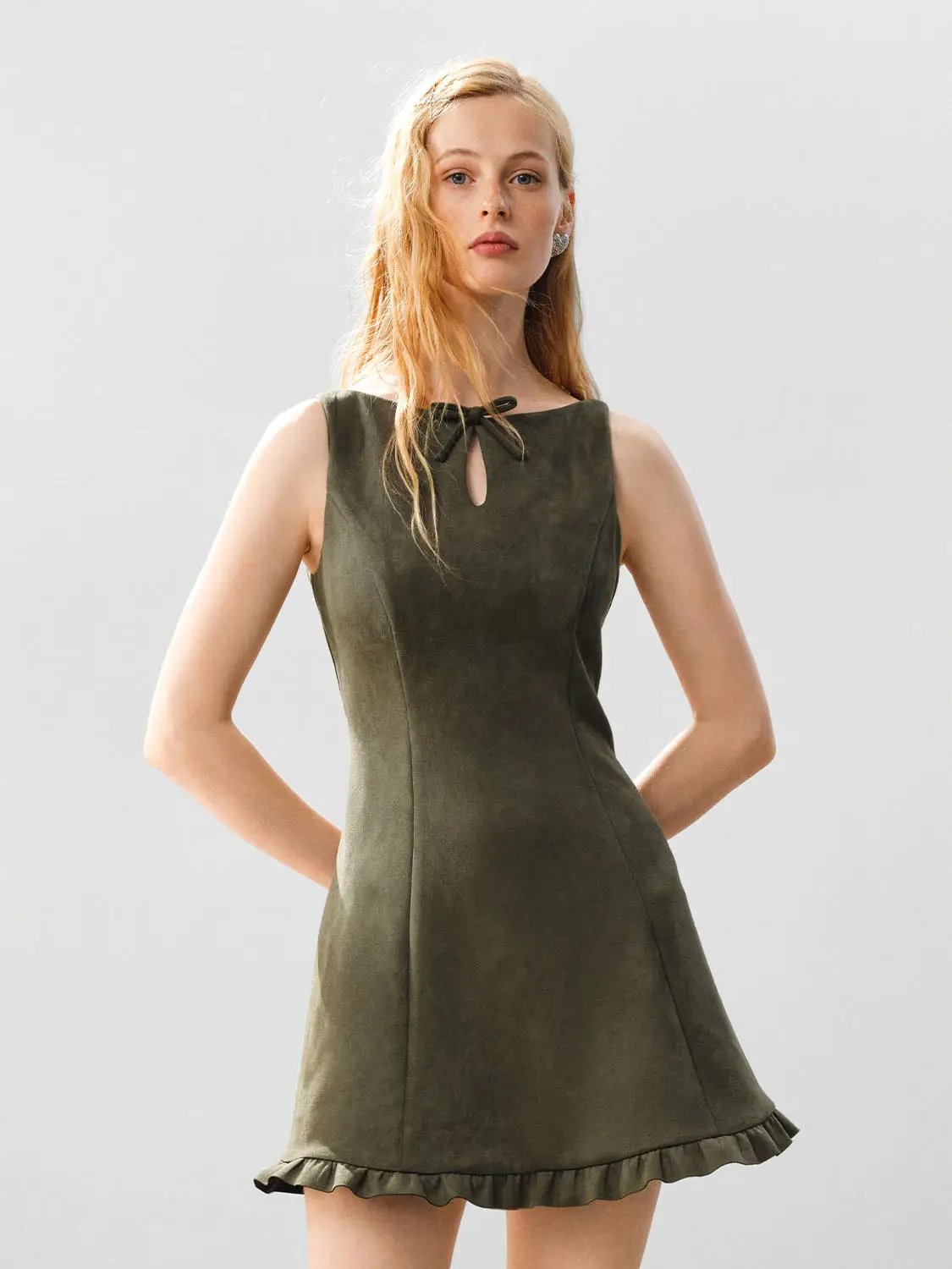 Ruffle Hem Bow Detail Sleeveless A-Line Mini Dress in olive green