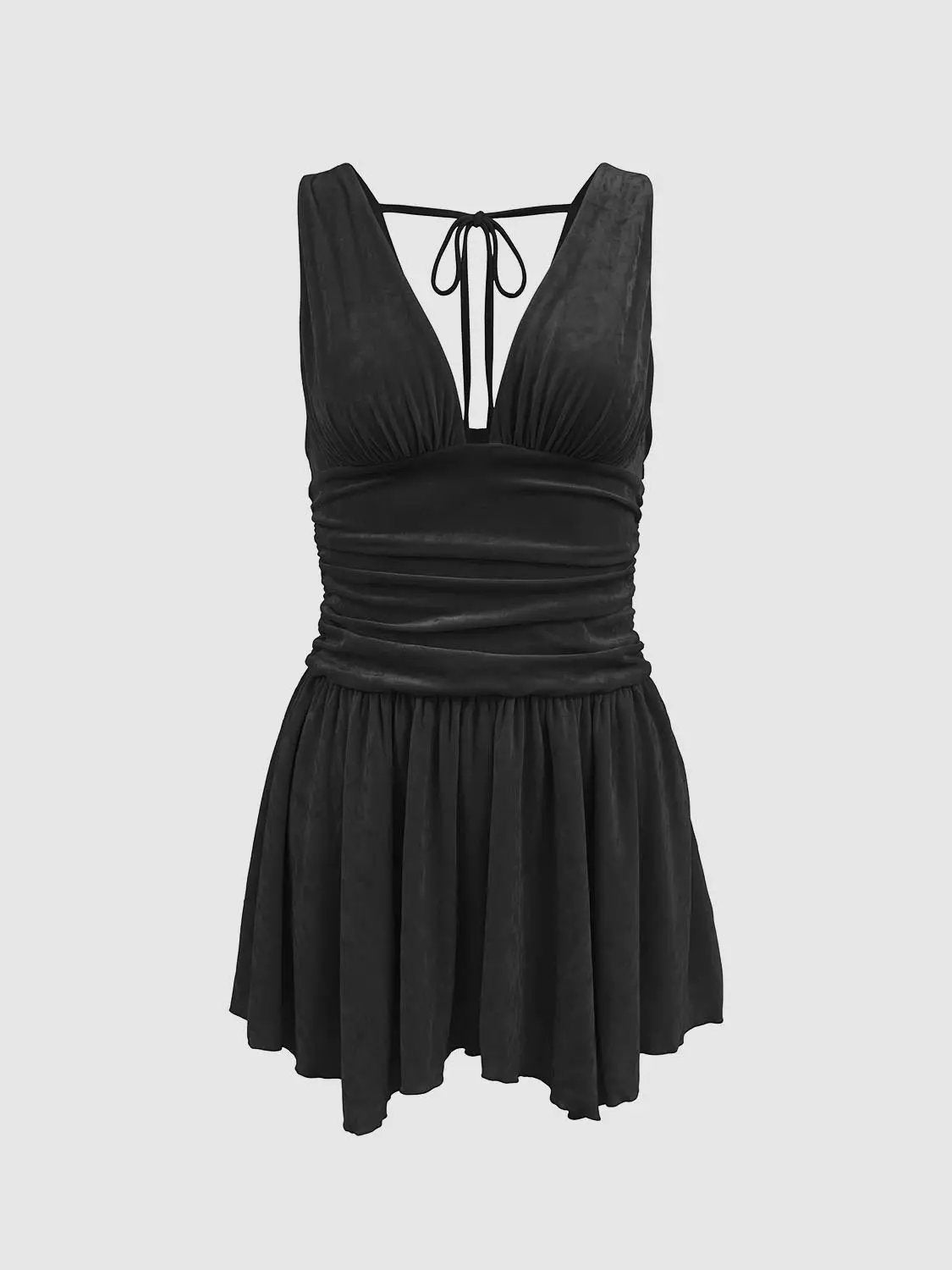 A-Line Dress by Urban Revivo Fashion, black with ruched bodice and back-tie halter neckline