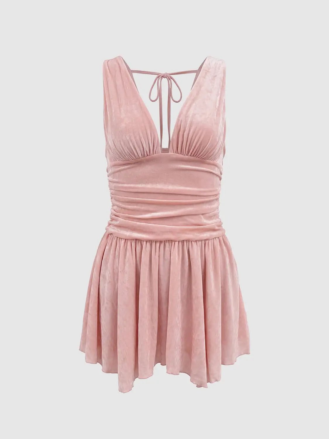 A-line dress by Urban Revivo Fashion in pink velvet, halter-back tie, ruched waist.