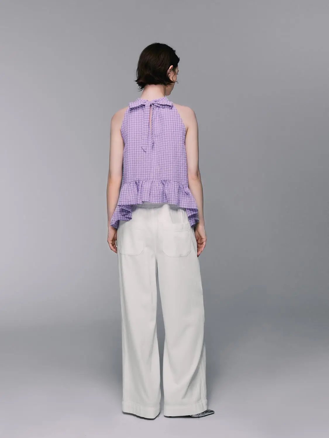 Relaxed elastic waist cotton wide-leg pants in white, back view