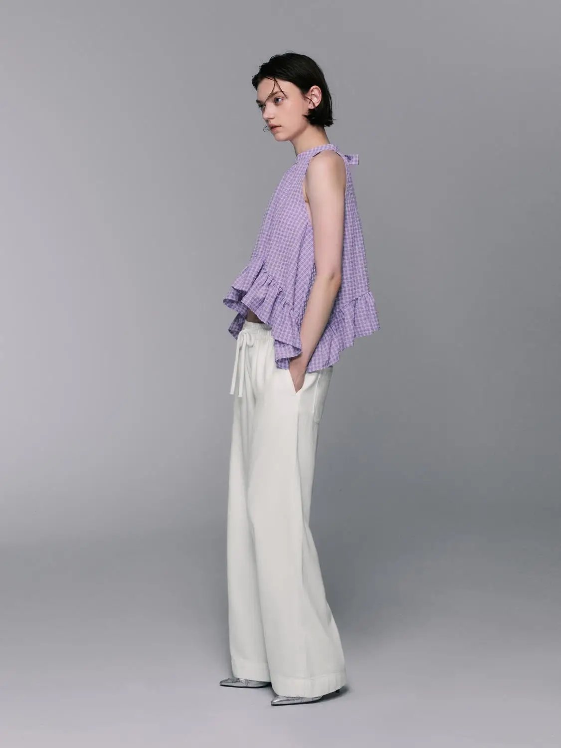 Relaxed elastic waist cotton wide-leg pants, white with drawstring