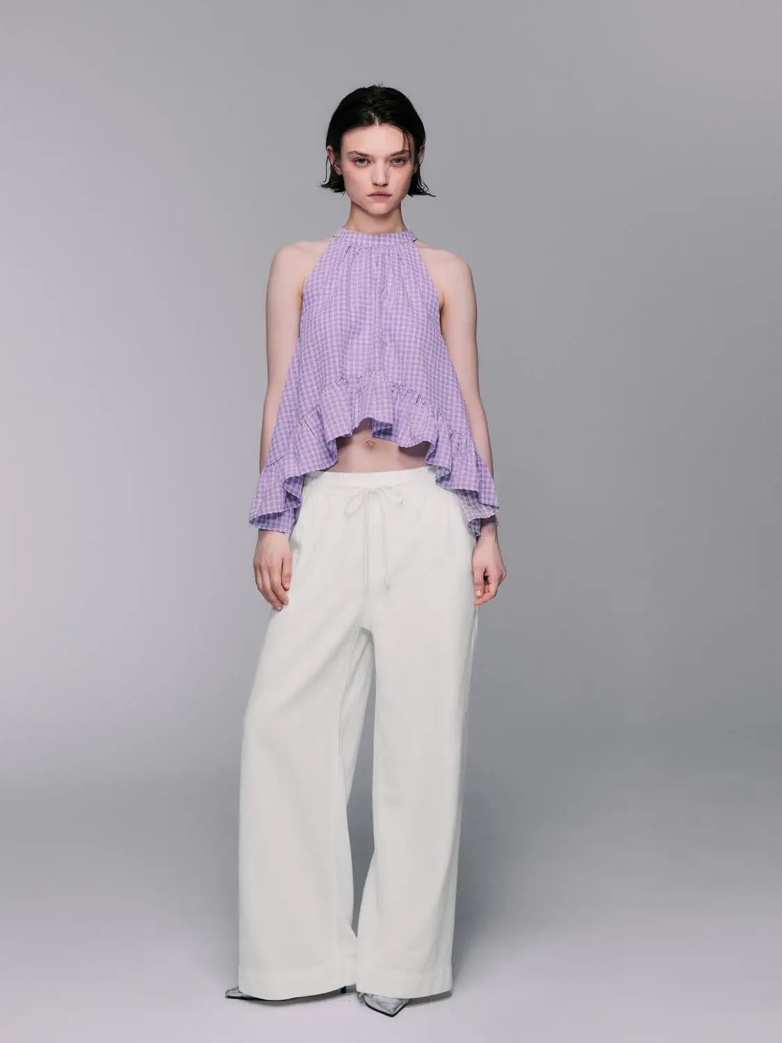 Relaxed elastic waist cotton wide-leg pants, white, Urban Revivo Fashion