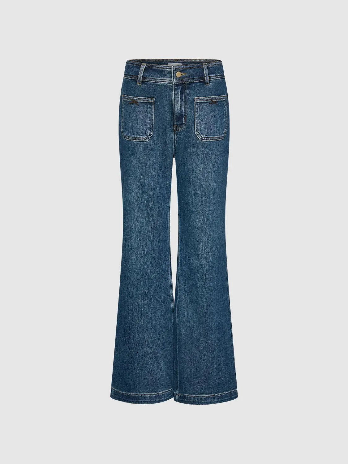 Jeans by Urban Revivo Fashion, blue denim with high-waisted and flared legs and front pockets.