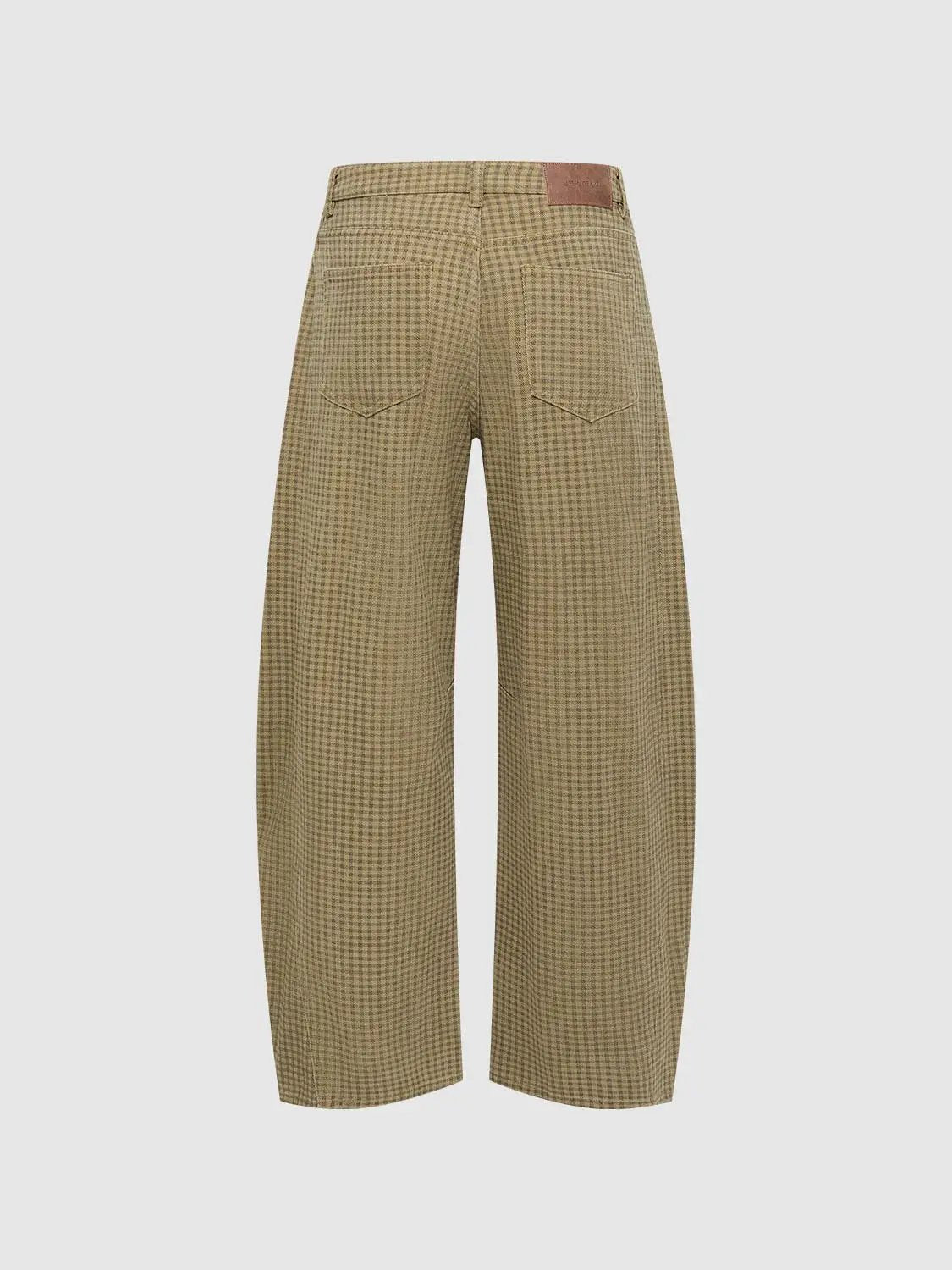 Denim jeans by Urban Revivo Fashion in tan checkered pattern with back pockets and leather patch.