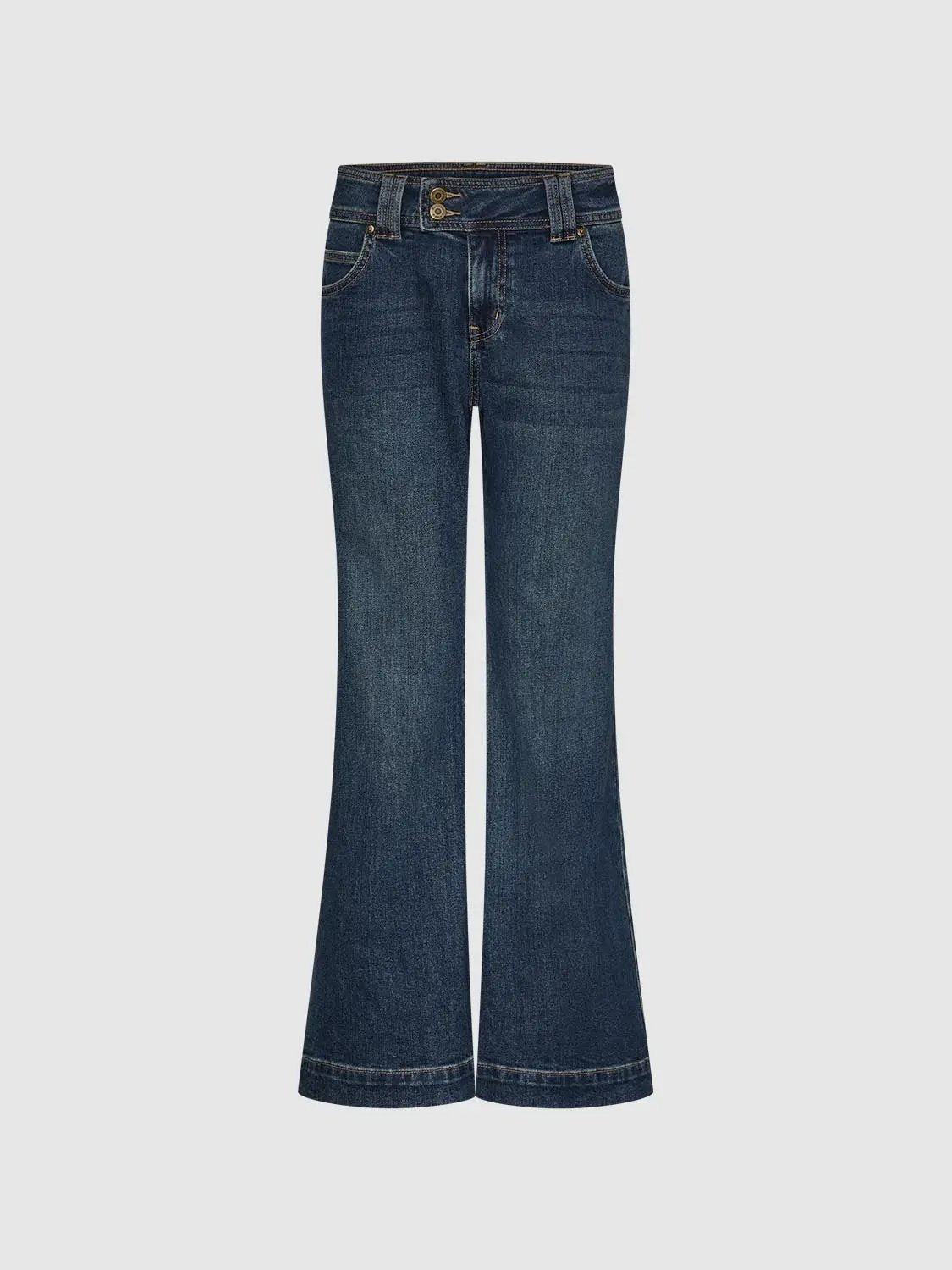 Jeans in blue denim by Urban Revivo Fashion; flared-leg style with double-button waistband.