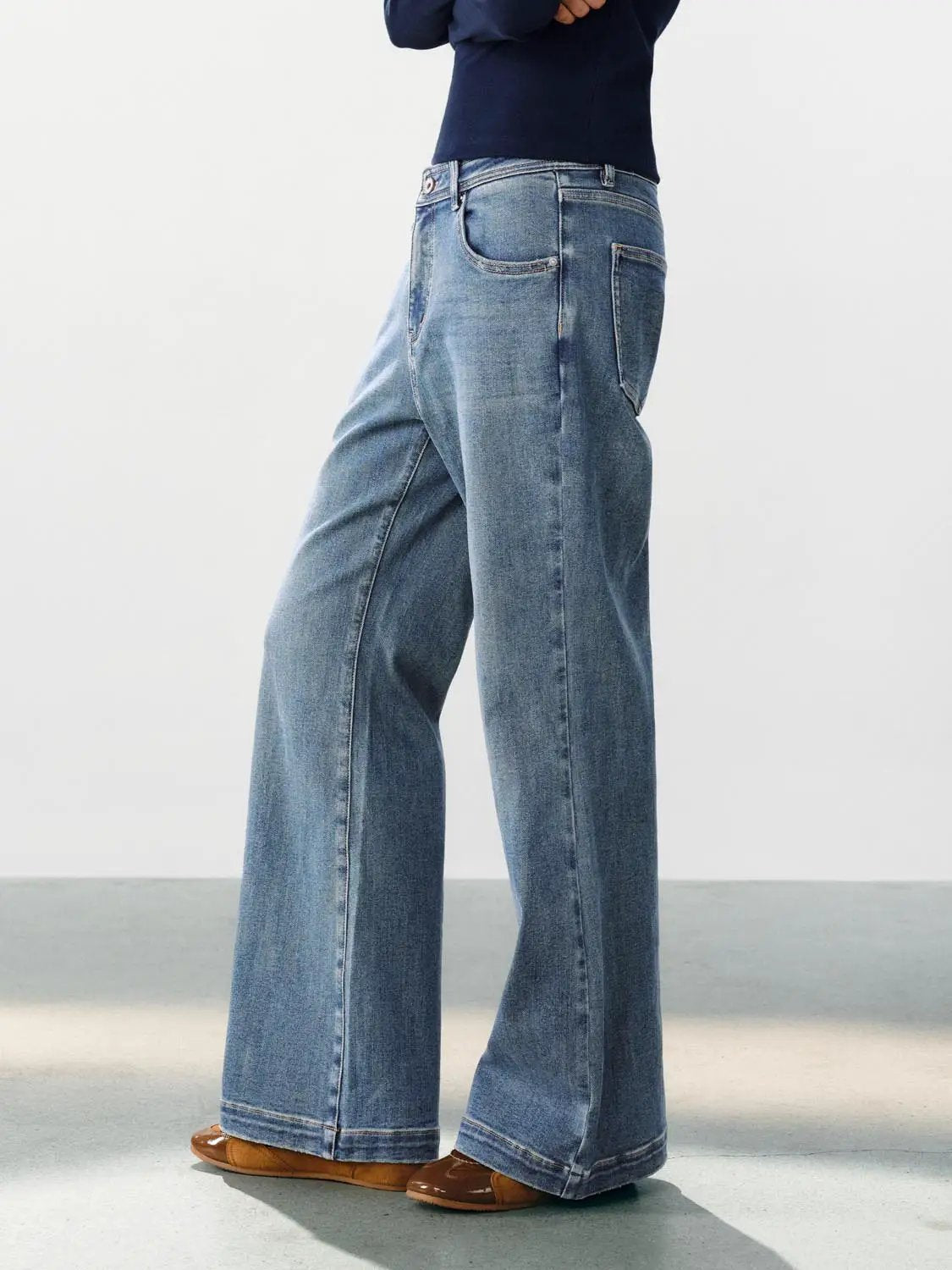 Jeans, faded blue wide-leg high-waisted cotton-blend denim