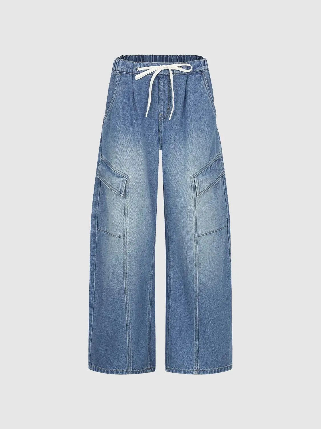 Jeans with elastic drawstring waist, light blue denim, cargo pockets, wide-leg cut.