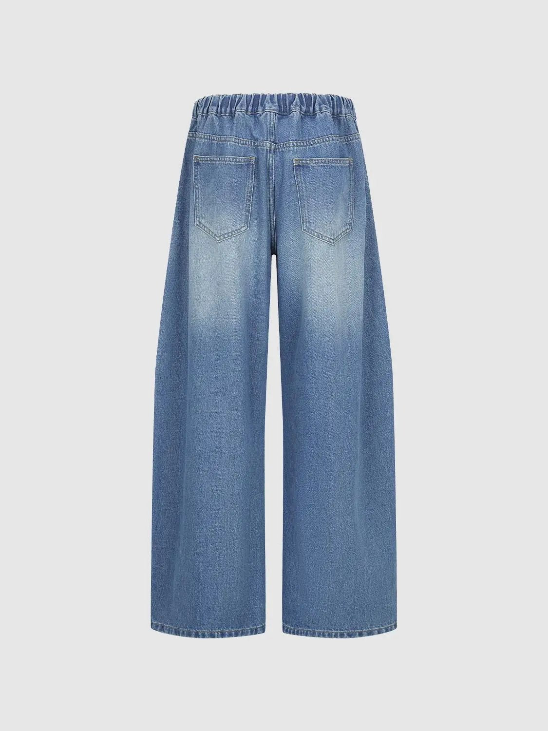 Wide-leg light-wash denim jeans with elastic waistband and back pockets.