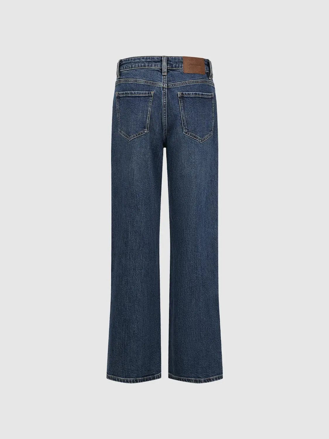 Jeans from Urban Revivo Fashion, blue denim wide-leg back view with brown leather patch.