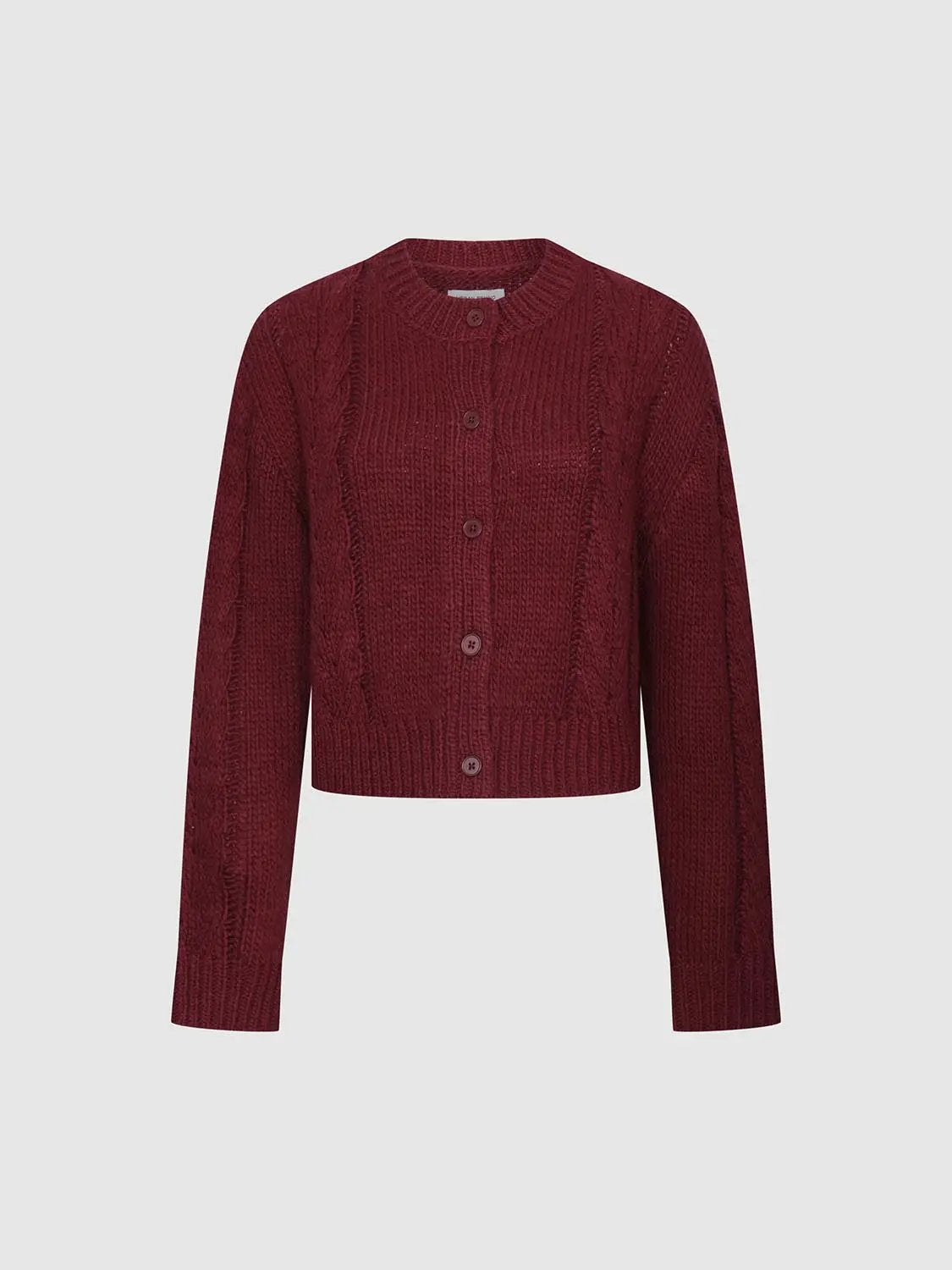 Button-up cable-knit cardigan in burgundy, cropped length with ribbed hem and cuffs, front-button placket, chunky knit.