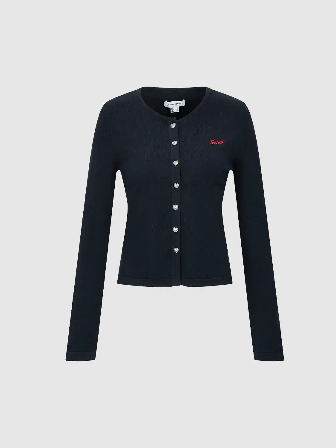 Urban Revivo navy crew-neck knitted cardigan with red embroidery and heart-shaped buttons, cropped length.