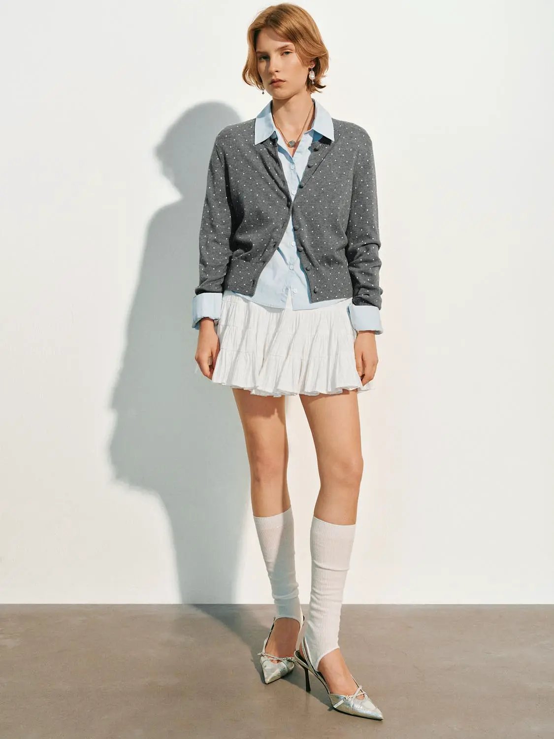 Knitted cardigan, dark grey with white polka dots, Urban Revivo Fashion