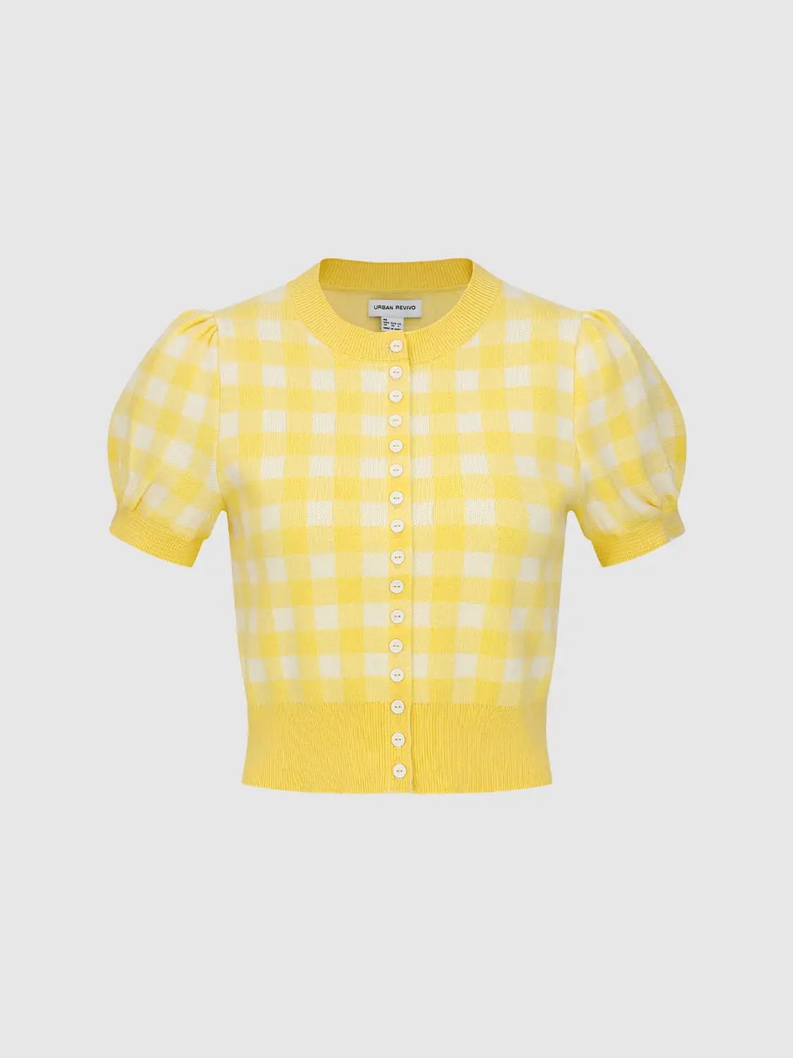 Knitted cardigan in yellow gingham knit with puff sleeves, button-down front, ribbed hem, Urban Revivo