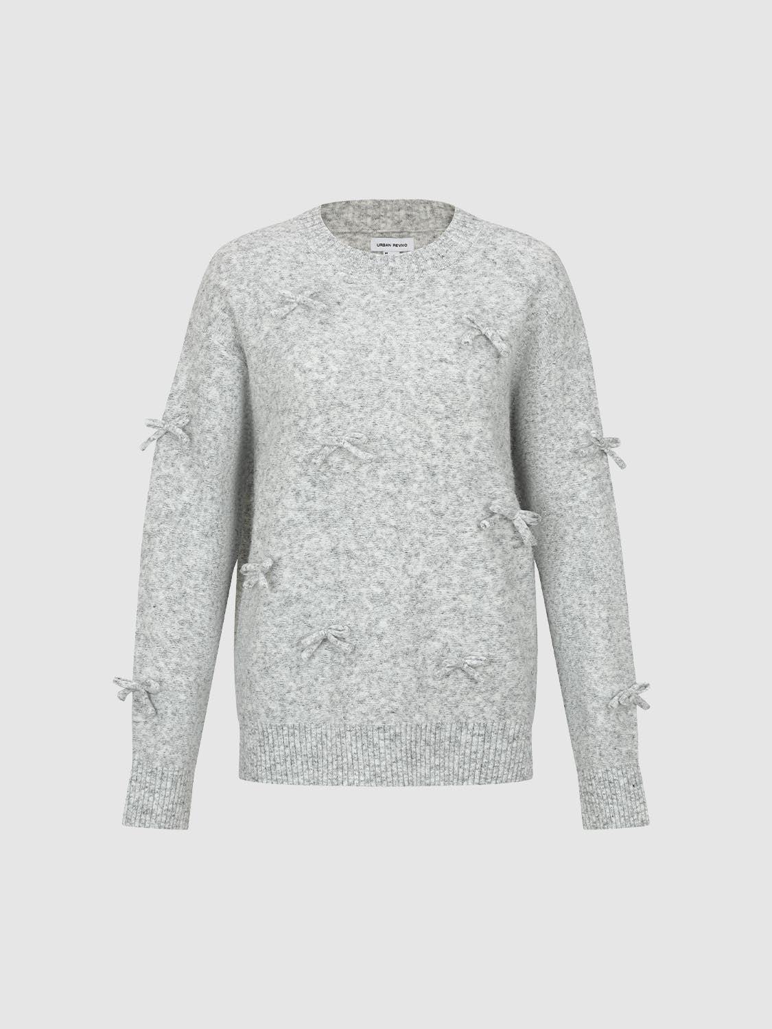 Knit T-Shirt by Urban Revivo Fashion; grey heather knit sweater with bow accents on sleeves and distressed patches.